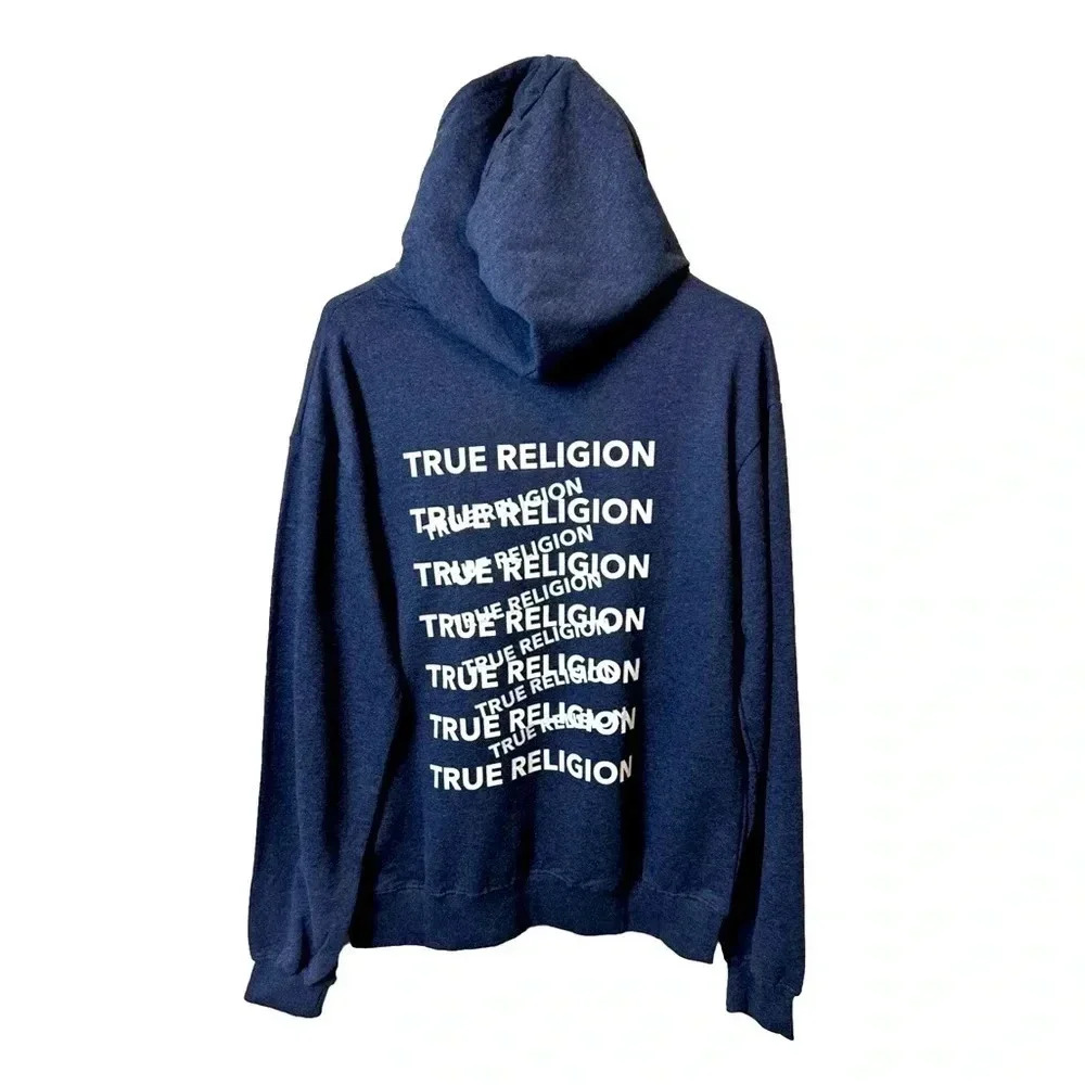 NWT True Religion Navy Blue Pullover Hoodie. Print On Back Horseshoe‎ Logo Front